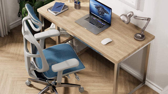 Back to school desk set up with an Enjoy Elite G2 ergonomic desk chair in grey frame and blue mesh.