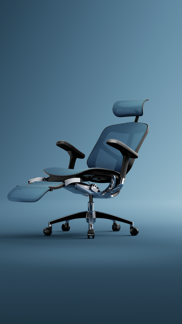 Blue mesh, black frame Enjoy office chair in a blue studio space reclining with the footrest opening.
