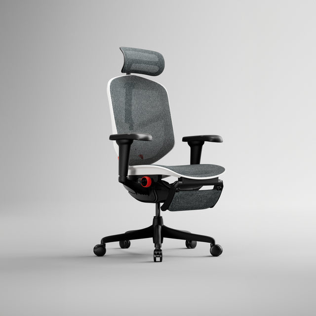 Enjoy Ultra gaming chair with a headrest and legrest, presented in a white frame and black and white mesh upholstery