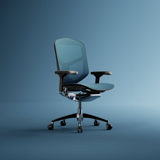 Blue Enjoy Elite office chair with black frame against a blue background. The Enjoy desk chair is a comfortable seat with automatic lumbar support and 5d armrests.
