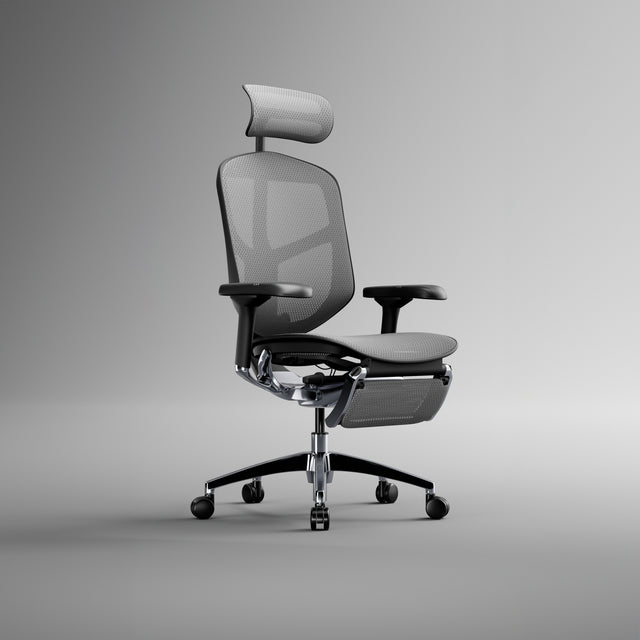 Grey Enjoy office chair with black frame. The chair features headrest and legrest. Sitauted against a modern grey background.