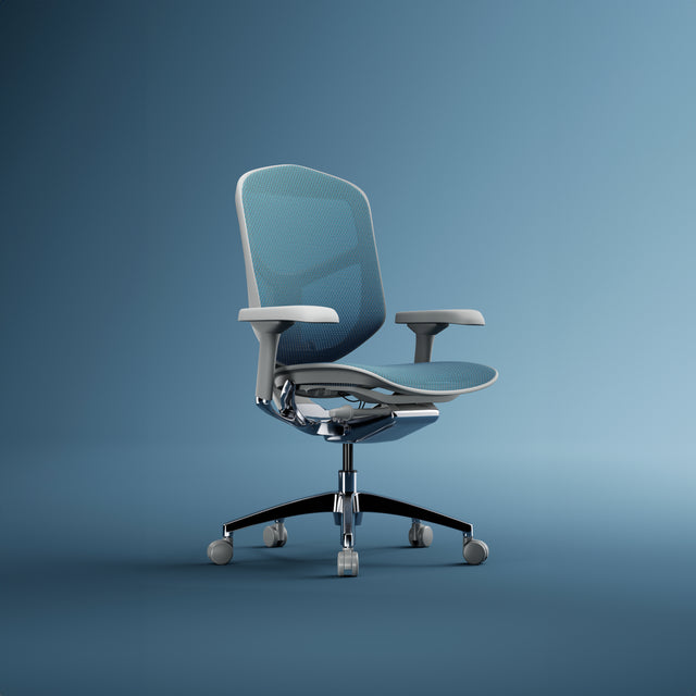 Enjoy ergonomic office chair in blue mesh with a grey frame against a blue background.
