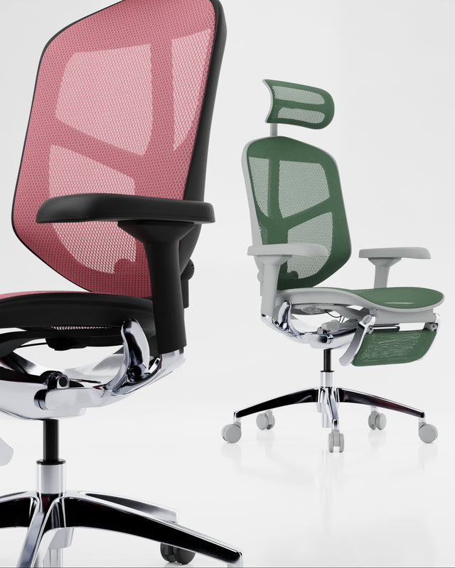 Two Enjoy office chairs - black frame with scarlet mesh and grey frame with green mesh, all facing different directions. On each chair are white dots, which, when clicked, bring up various in-depth details about the chair's features.