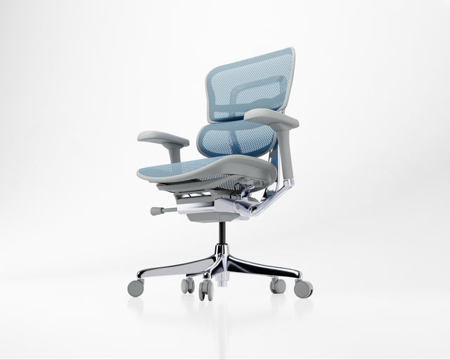 Blue Ergohuman Elite G2 mesh office chair with a grey frame, facing the front left at a 45-degree angle