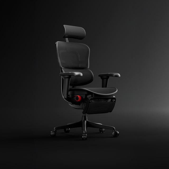An Ergohuman Ultra gaming chair is presented in a black frame with black mesh upholstery, and with a fitted headrest and legrest