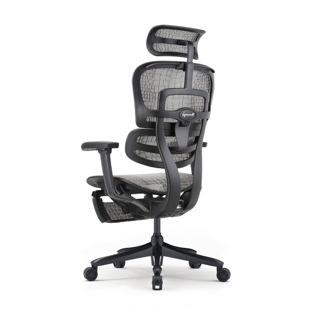 ergouhman carbon back 45-degree angle to the left, black frame, grey carbon fibre mesh detailing