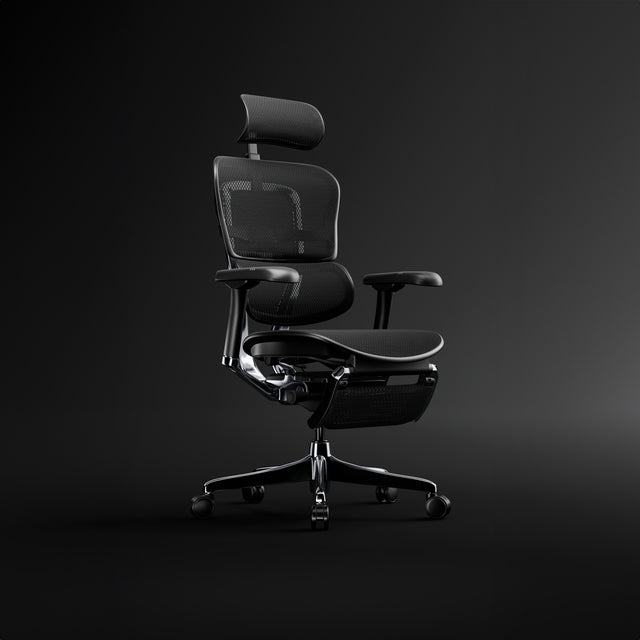 Black office chair - Ergohuman Elite G2 in black frame with black mesh. The chair features a headrest and legrest. It's facing the front right angle against a black background.