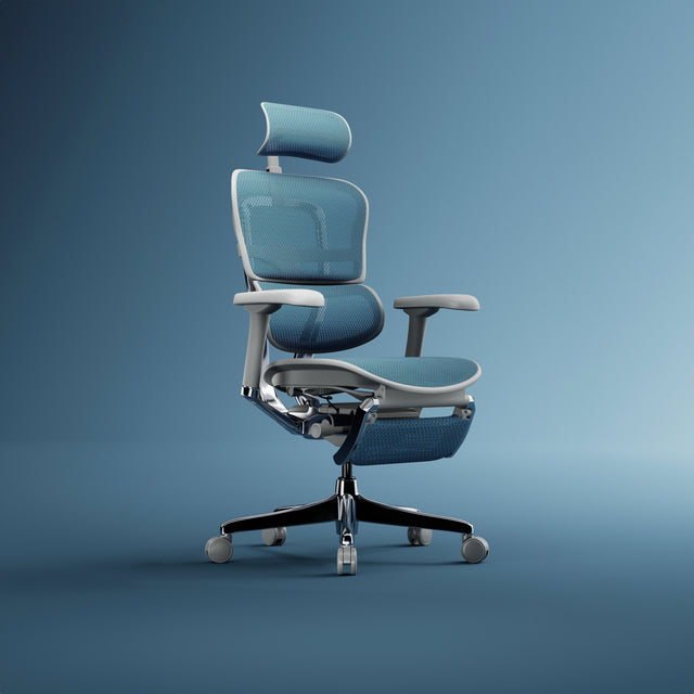 Blue office chair with ergonomic adjustability. Ergohuman Elite G2 with headrest and legrest, against a blue background.