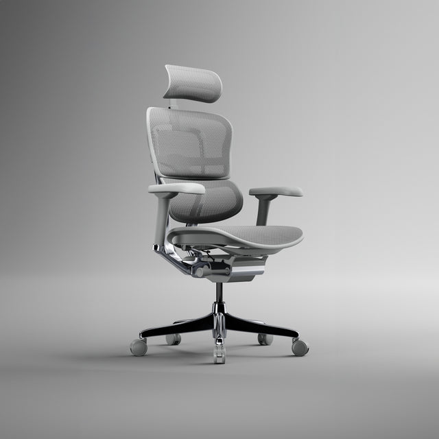 Grey office chair with grey frame. Ergohuman Elite G2 with headrest. This office chair features 5D adjustable armrests and automatic lumbar support for 24-hour comfort.