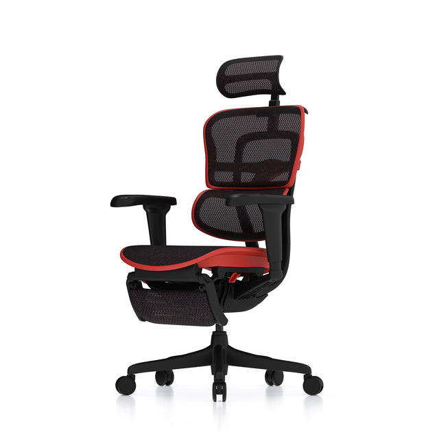 left 45-degree angle front view of the ergohuman ultra in red frame