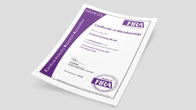Image shows a Certificate of Membership document for Comfort Seating UK as a member of FIRA