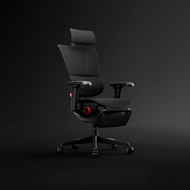 Mirus Ultra in black facing the right at a 45-degree angle in a black studio space. Discounted gaming chairs. Gaming chairs for sale.
