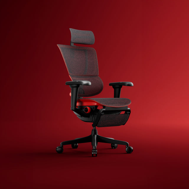 Mirus red gaming chair with headrest and legrest and mesh upholstery