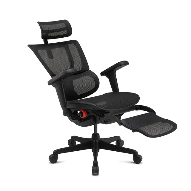 mirus ultra gaming chair in black, front 45-degree right angle view with legrest unfolded