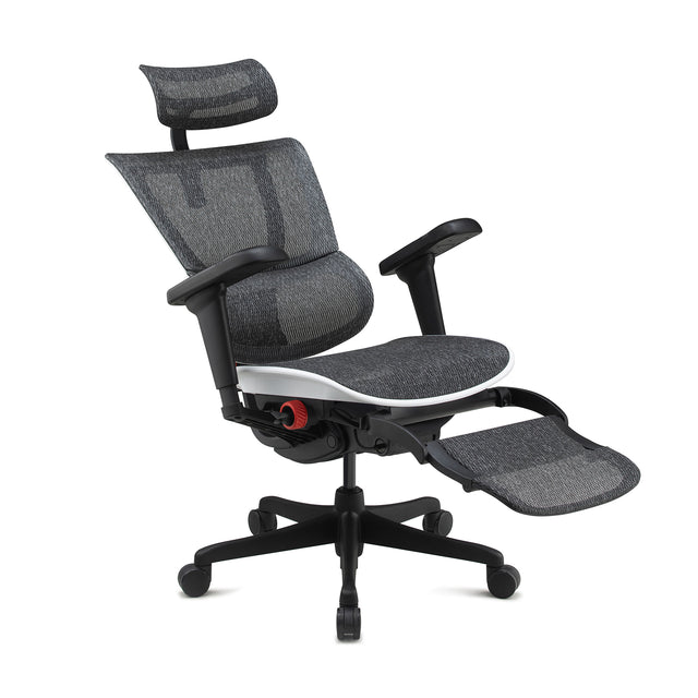 front right 45-degree angle view of the mirus ultra in white, legrest folded out, chair reclined back