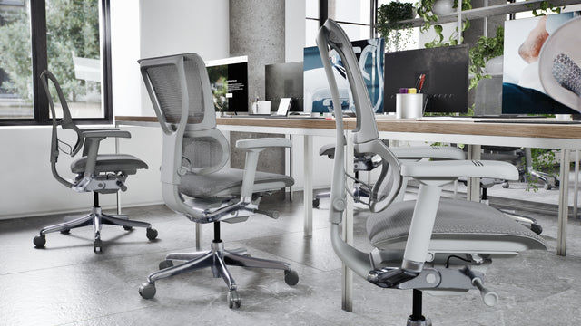 Bench desk with three Mirus Elite office chairs in a grey frame with grey elastomeric mesh. The chairs are facing individual monitors. In the background is a room divider with shelving and vibrant greenery.