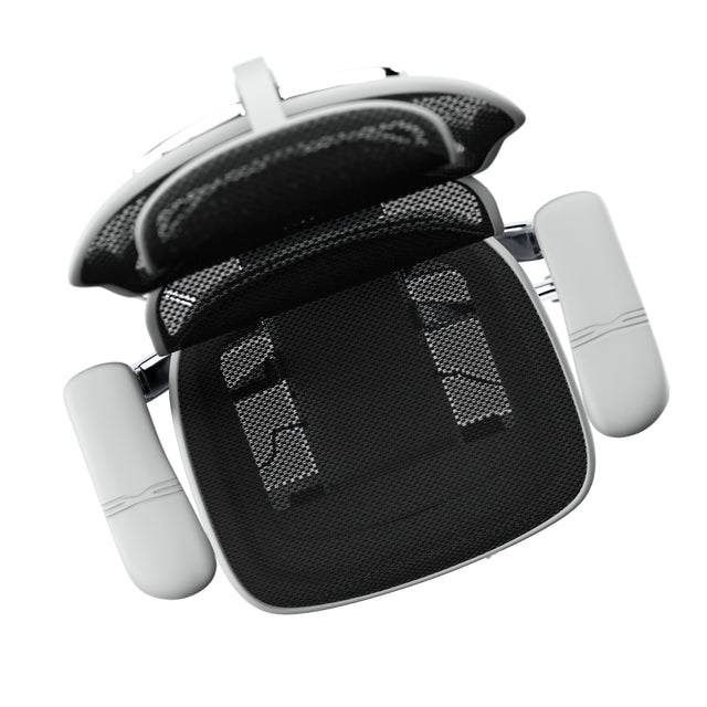 birdseye view of black mesh chair in grey frame