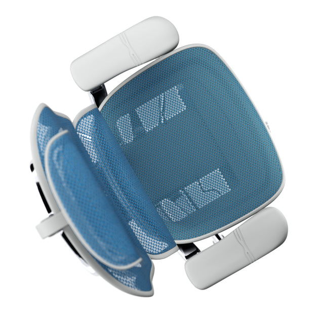 birdseye view of blue mesh office chair in grey frame