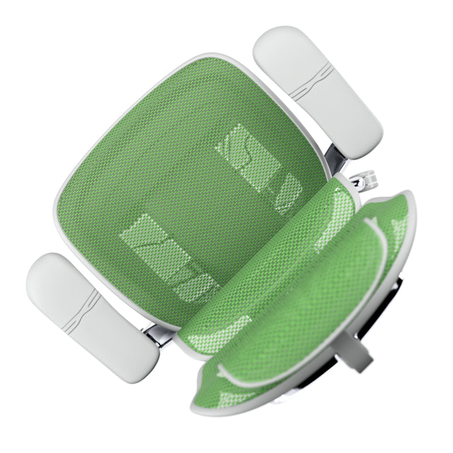 birdseye view of green mesh office chair in grey frame