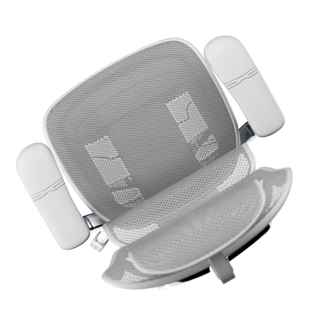 birdseye view of grey mesh office chair in grey frame