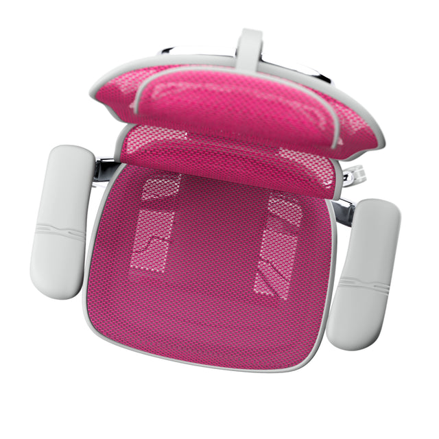 birdseye view of pink mesh office chair in grey frame