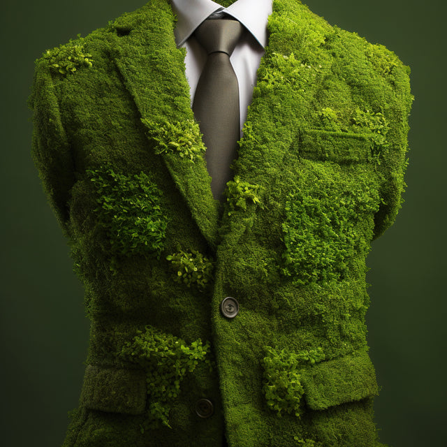 Body of a man wearing a suit jacket made of moss. This represents eco friendly business operations