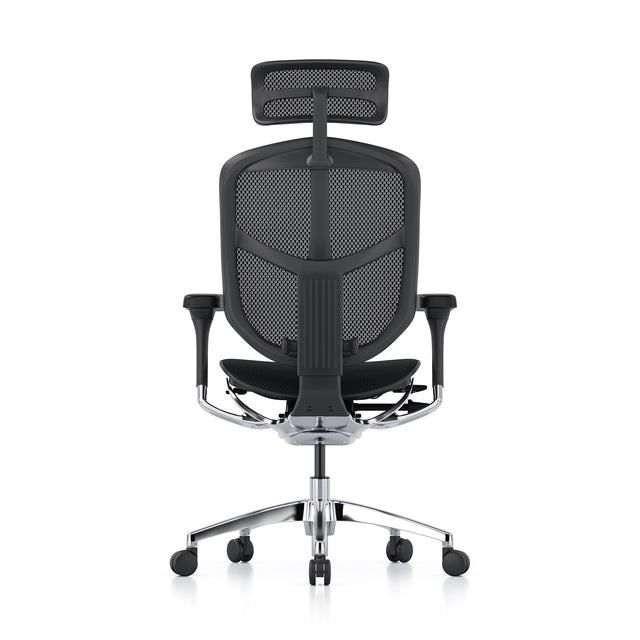 Black mesh, black frame, Enjoy office chair, facing back, with headrest