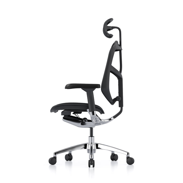 Enjoy office chair, black frame, black mesh, with headrest, profile view, chair facing left.