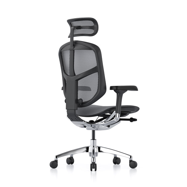 black frame and black mesh enjoy elite chair with headrest; the chair is facing back 45-degrees