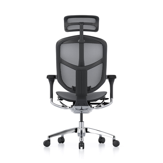 black ergonomic office chair with black mesh, back view, with headrest included