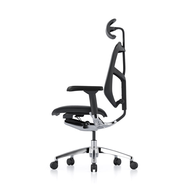 black frame, black mesh enjoy office chair with headrest, profile view facing the left