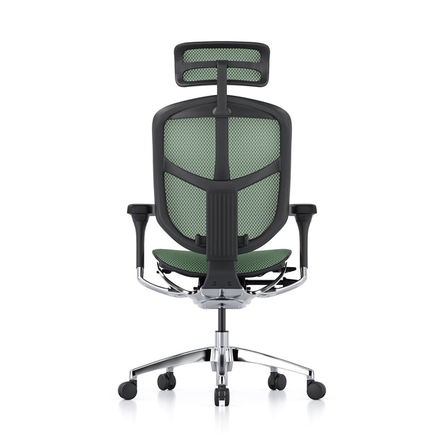 enjoy office chair facing the back. black frame, green mesh. headrest included
