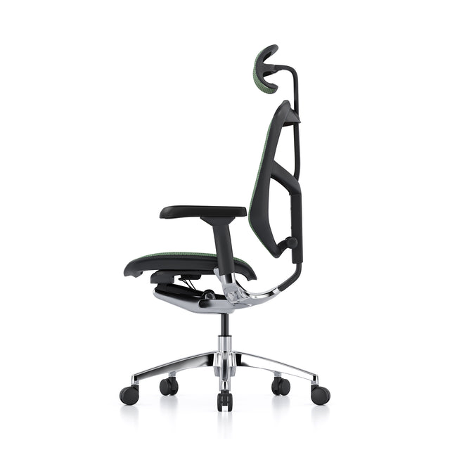 profile view of the enjoy elite, an ergonomic office chair, in green mesh and black frame. headrest included.