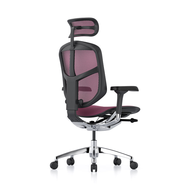 ergonomic office chair, enjoy elite g2, black frame, pink mesh, rear 45-degree angle to the right, headrest included