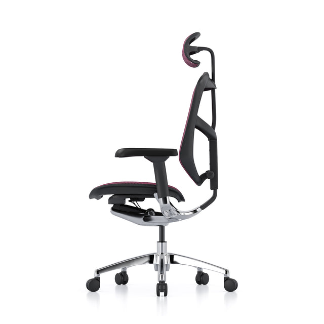 profile view of the enjoy office chair, facing left, black frame, pink mesh, headrest included