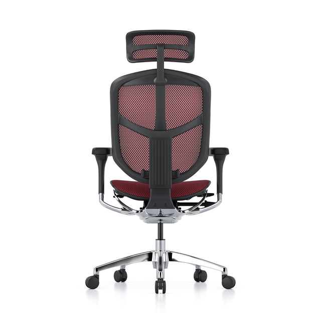 ergonomic office chair black frame, scarlet mesh, rear view, headrest included