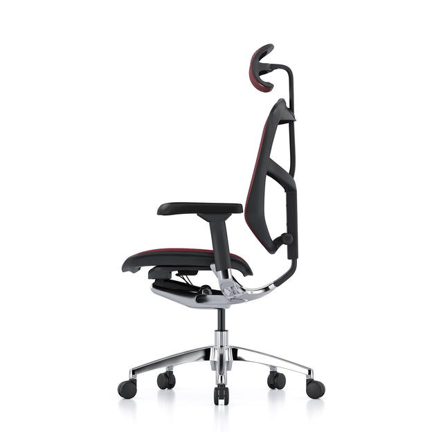 enjoy chair, left profile view, headrest included, black frame, scarlet mesh