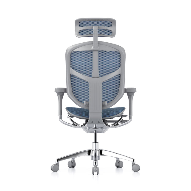 rear view of mesh office chair, enjoy elite g2, grey frame, cobalt mesh, headrest included