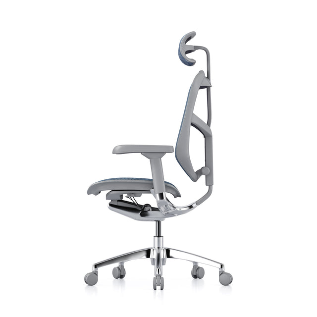 left profile view of enjoy office chair, grey frame, cobalt mesh, headrest included