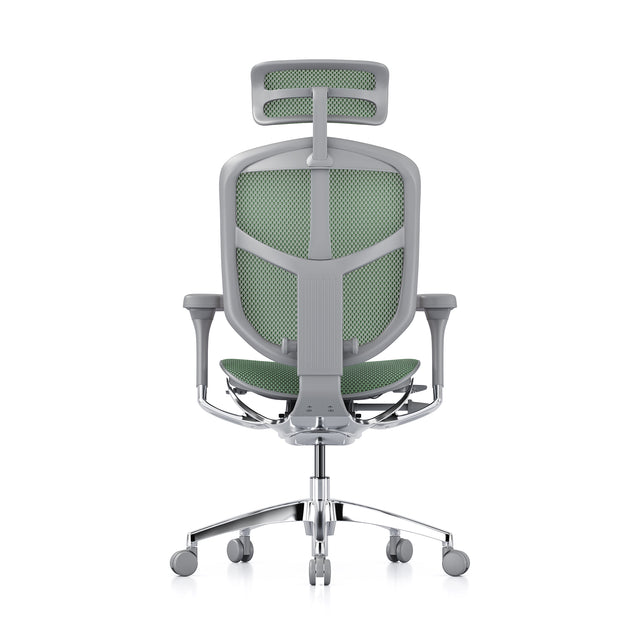 rear view of mesh office chair, grey frame and green mesh, headrest included, enjoy elite