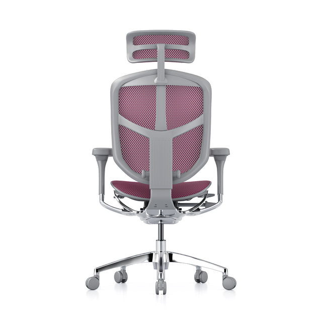 mesh office chair, grey frame and pink mesh, headrest included, rear view, enjoy elite