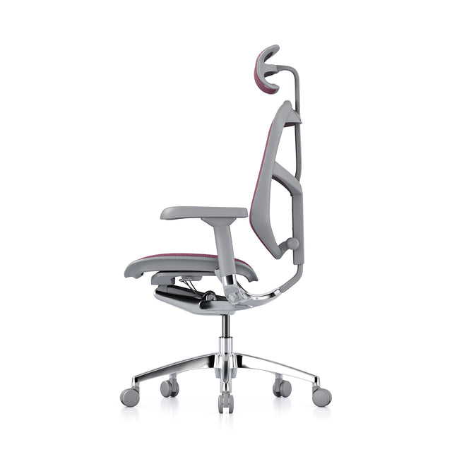 left profile view of enjoy office chair, grey frame and pink mesh, headrest included
