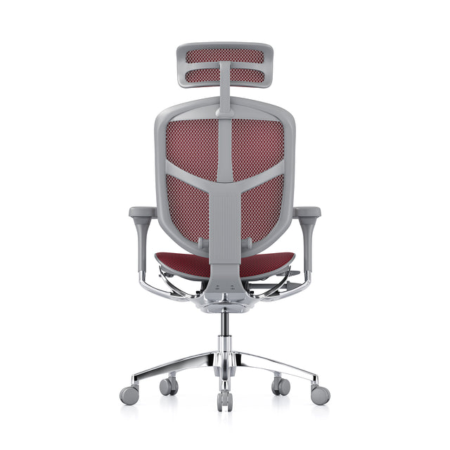 enjoy elite office chair, back view, grey frame and scarlet mesh, headrest included