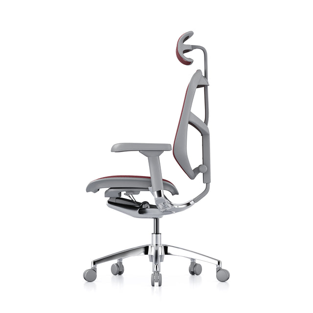 grey office chair with scarlet mesh, left profile view, headrest included