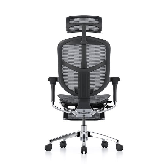 back view of the enjoy elite chair with headrest and legrest, black frame black mesh