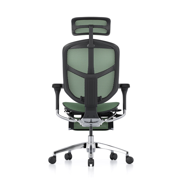 back view of the enjoy chair, black frame, green mesh, headrest and legrest included