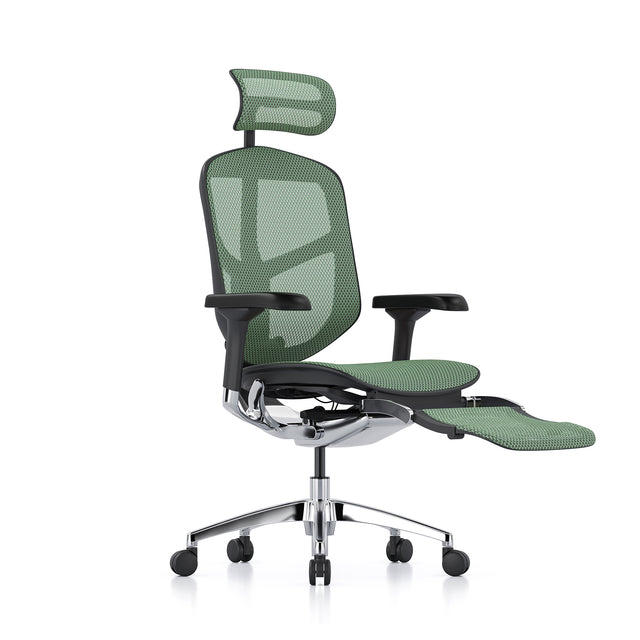 ergonomic mesh office chair, enjoy elite, black frame, green mesh, facing 45-degrees to the right, with headrest and legrest unfolded