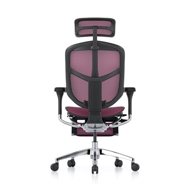 black frame pink mesh enjoy office chair, rear view, headrest and legrest included