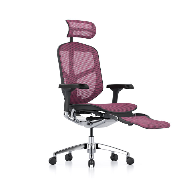 enjoy office chair, black frame, pink mesh, 45-degree front right angle, headrest and legrest included