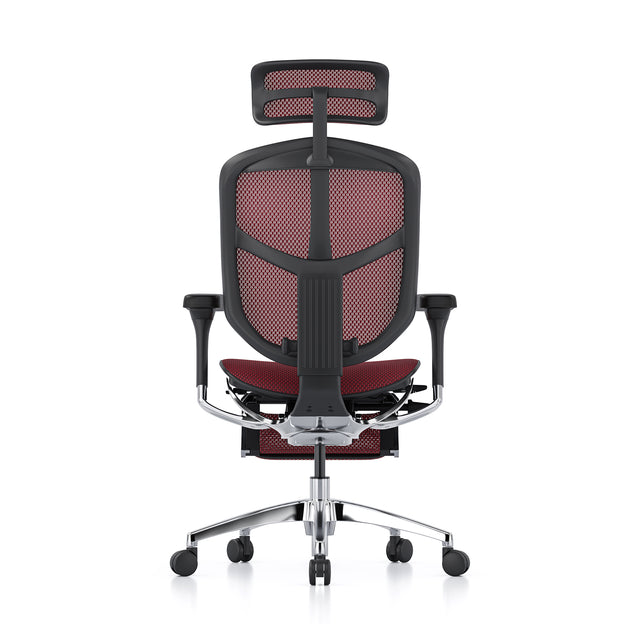 rear view of mesh office chair, enjoy elite, headrest and legrest included, black frame and scarlet mesh